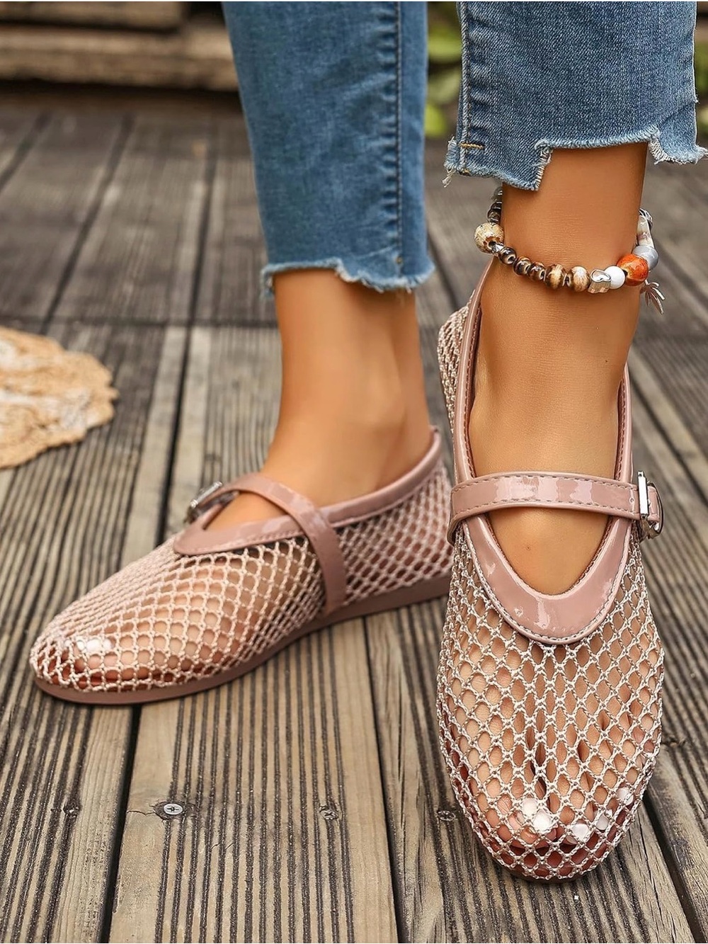 Women's Nude Pink Mesh Mary Jane Flats with Gloss Trim